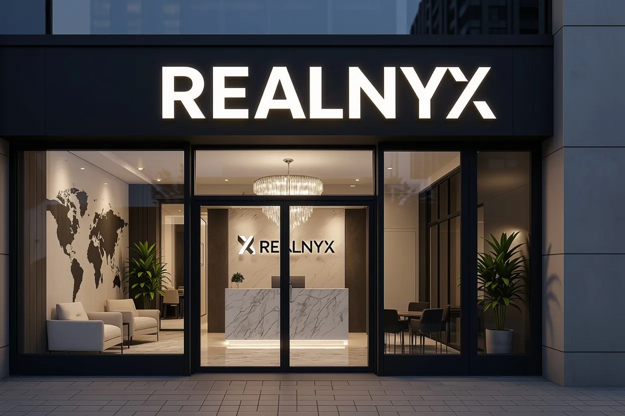 Exteriér a signage realitní kanceláře REALNYX